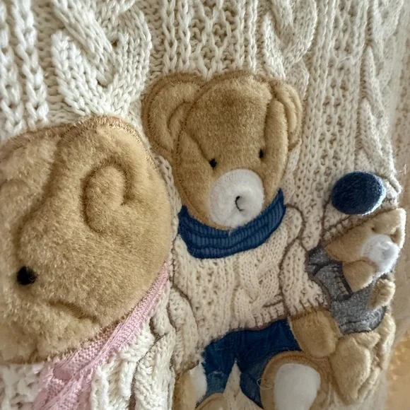 VTG Together! Sweater med Cream Embroidered Teddy Bear Wool Cable Knit 90s - Picture 2 of 5
